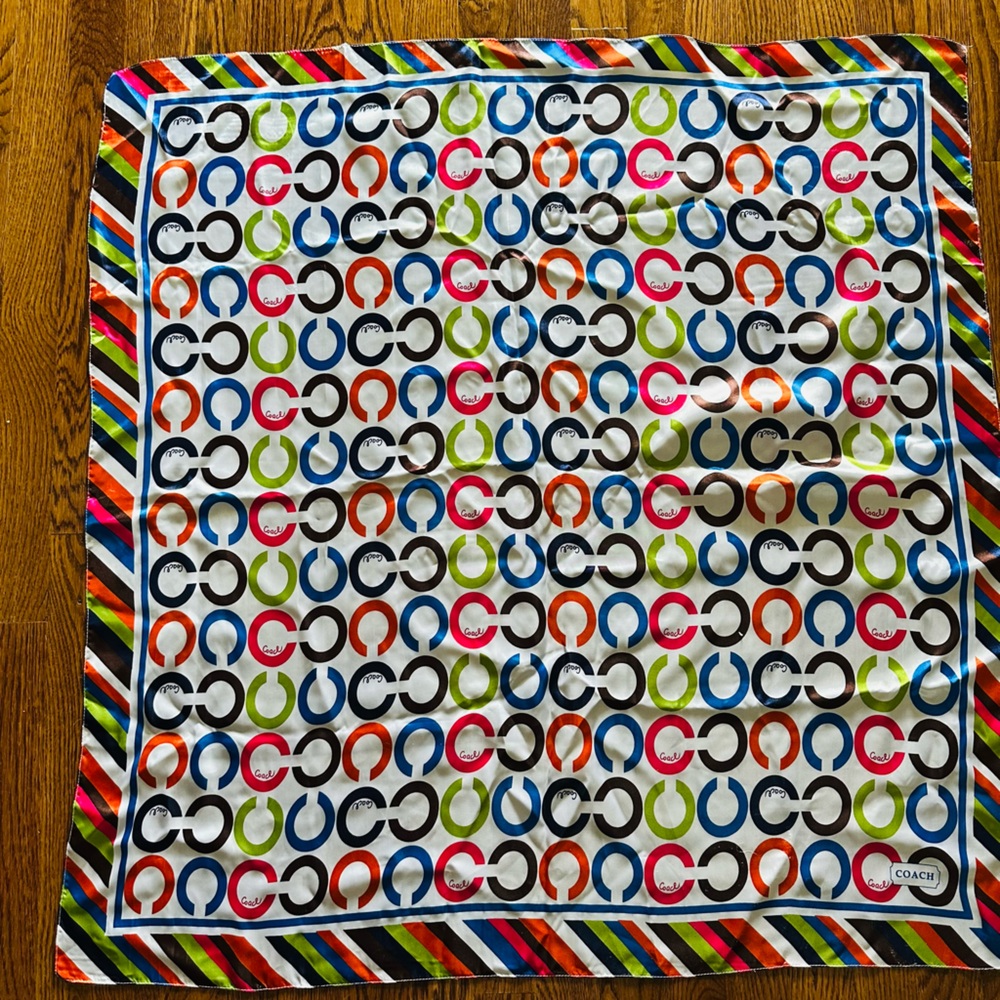 NEW Authentic Vintage Coach Multicolor Op Art C’s & Stripe Silk Scarf! Huge!